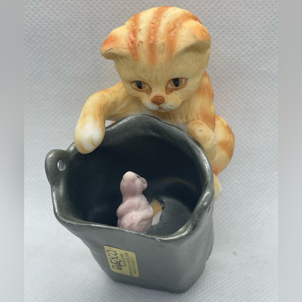 Vintage Enesco Orange Cat On Bucket Mouse Ceramic Collectible Rare